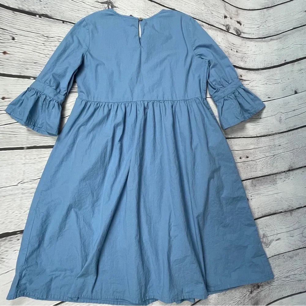 MYX Fusionwear blue boho embroidered cotton dress bell sleeves pockets, size L - Picture 10 of 14